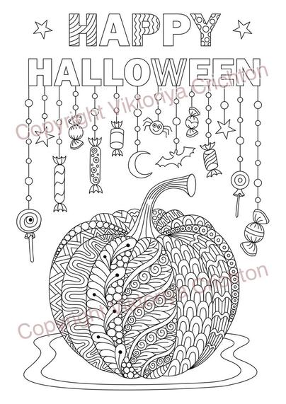 Coloring page 93. Happy Halloween, Holiday Pumpkin with zenart and dangle patterns, digital graphic JPEG and PDF.