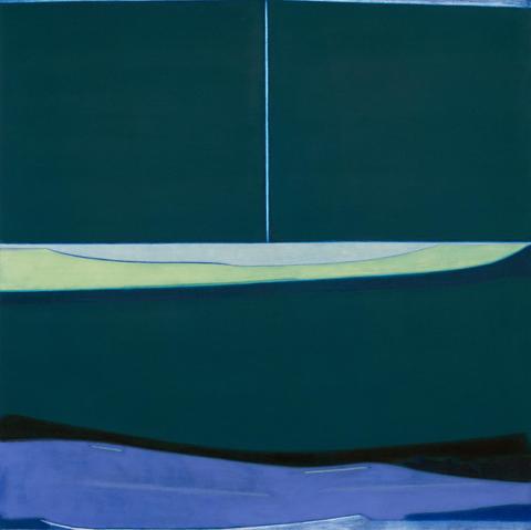 Painting of a semi-abstract landscape of a blue body of water against a deep teal sky bisected with a horizontal streak of light green