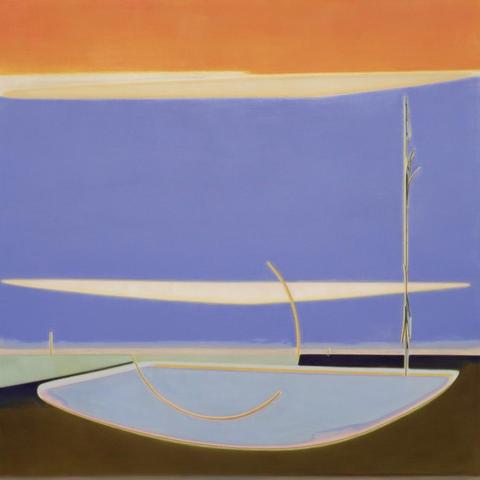 Painting of a semi-abstract landscape of a blue pool in brown ground, against a periwinkle and orange sky