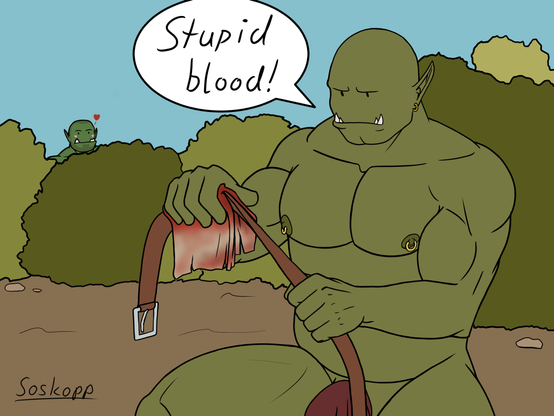 A digital drawing of an almost naked male orc sitting and cleaning a belt with a bloody rag. He's saying 