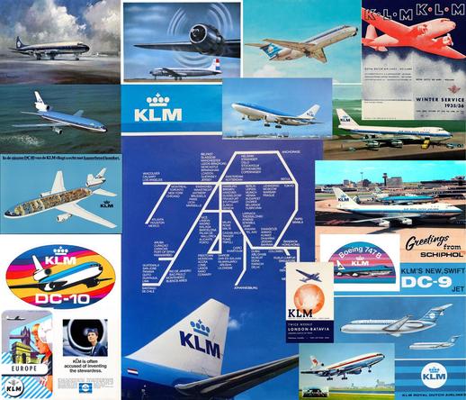 Multiple images of KLM history, postcards, stickers, and other ephemera 