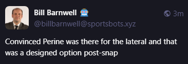 Bill Barnwell 🤖
@billbarnwell@sportsbots.xyz
Convinced Perine was there for the lateral and that was a designed option post-snap