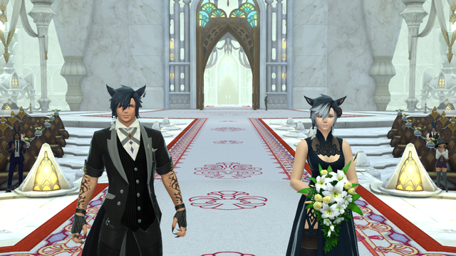 Two blue-haired miqo'te, a bride and groom, each wearing dark outfits, walking down the aisle of a wedding hall. The bride is holding a bouquet of white flowers.