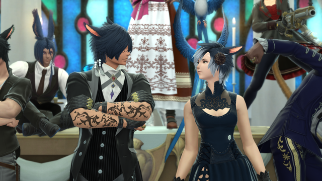 Two blue-haired miqo'te, bride and groom, smiling at each other in front of a wedding altar. Other players are visible around them.