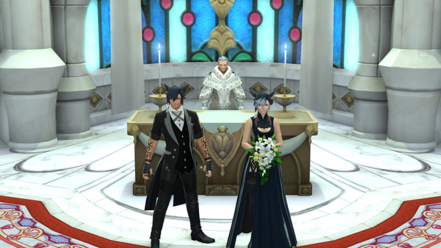 Two blue-haired miqo'te, a groom and bride, standing in front of a wedding altar. The bride is holding a bouquet of white flowers.