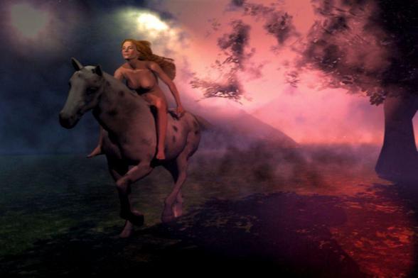 Eine Frau reitet nackt auf einem Pferd durch eine brennende Landschaft, dem Betrachter entgegen, im Hintergrund Rauchschwaden mit feurigem Schimmer.

A woman rides nude on a horse through a burning landscape, towards the viewer, in the background clouds of smoke with a fiery glow.