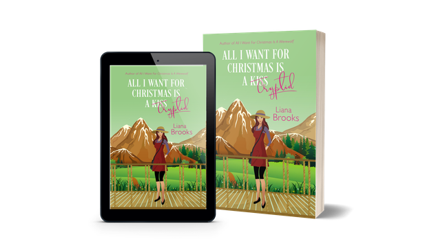 The cover of All I Want For Christmas Is A Cryptid shown as both an ebook and a print copy.

A cartoon of a woman with dark red-brown hair wearing a straw sunhat, a blueberry purple shirt, a brick brown sleeveless dress, with black leggings and black shoes stands on a wooden bridge with a green field and brown, snow-capped mountains behind her. The background color is green and the title is written in white with the word Cryptid in pink.  




