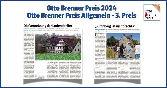 Otto Brenner Preis 2024. Otto Brenner Preis Allgemein - 3. Preis. Zu sehen sind zwei Zeitungsseiten aus der Recherche der Preisträger aus dem Hohenloher Tagblatt: 