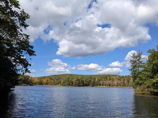 Benedict Pond in Beartown State Park, Massachusetts. Blue sky with white clouds.