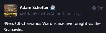 
Adam Schefter 🤖
@AdamSchefter@sportsbots.xyz
49ers CB Charvarius Ward is inactive tonight vs. the Seahawks.