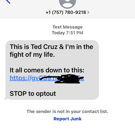 Text from Ted Cruz saying he’s in the fight of his life. 