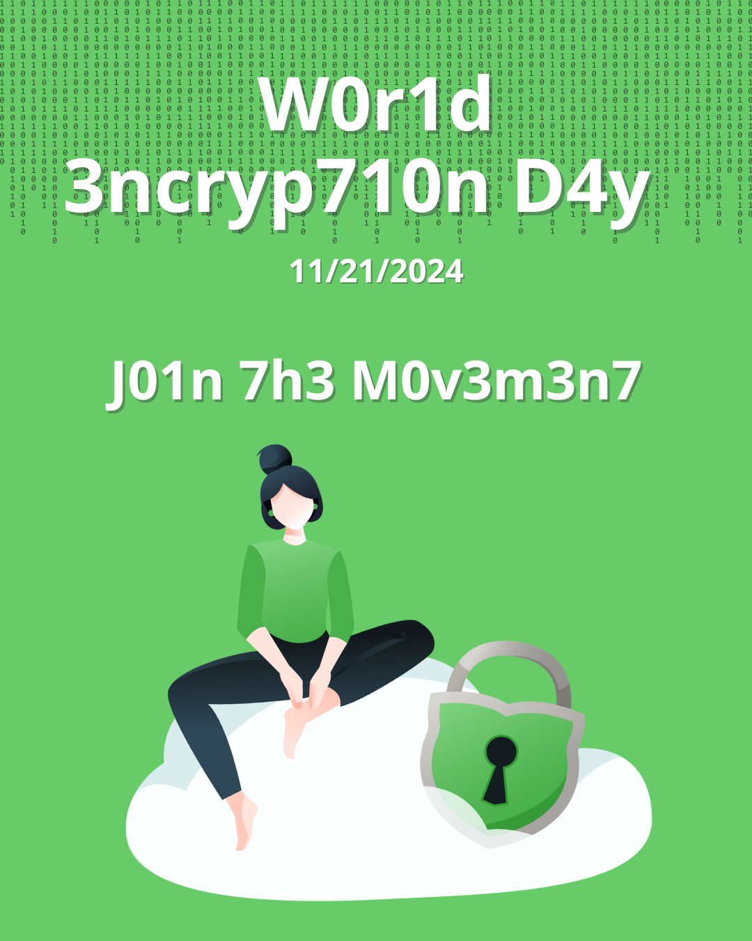 A graphic with the title 'World Encryption Day' in leetspeak and the date 11/21/2024. Below is an illustration of a person sitting on a cloud next to a green padlock, symbolizing digital security.