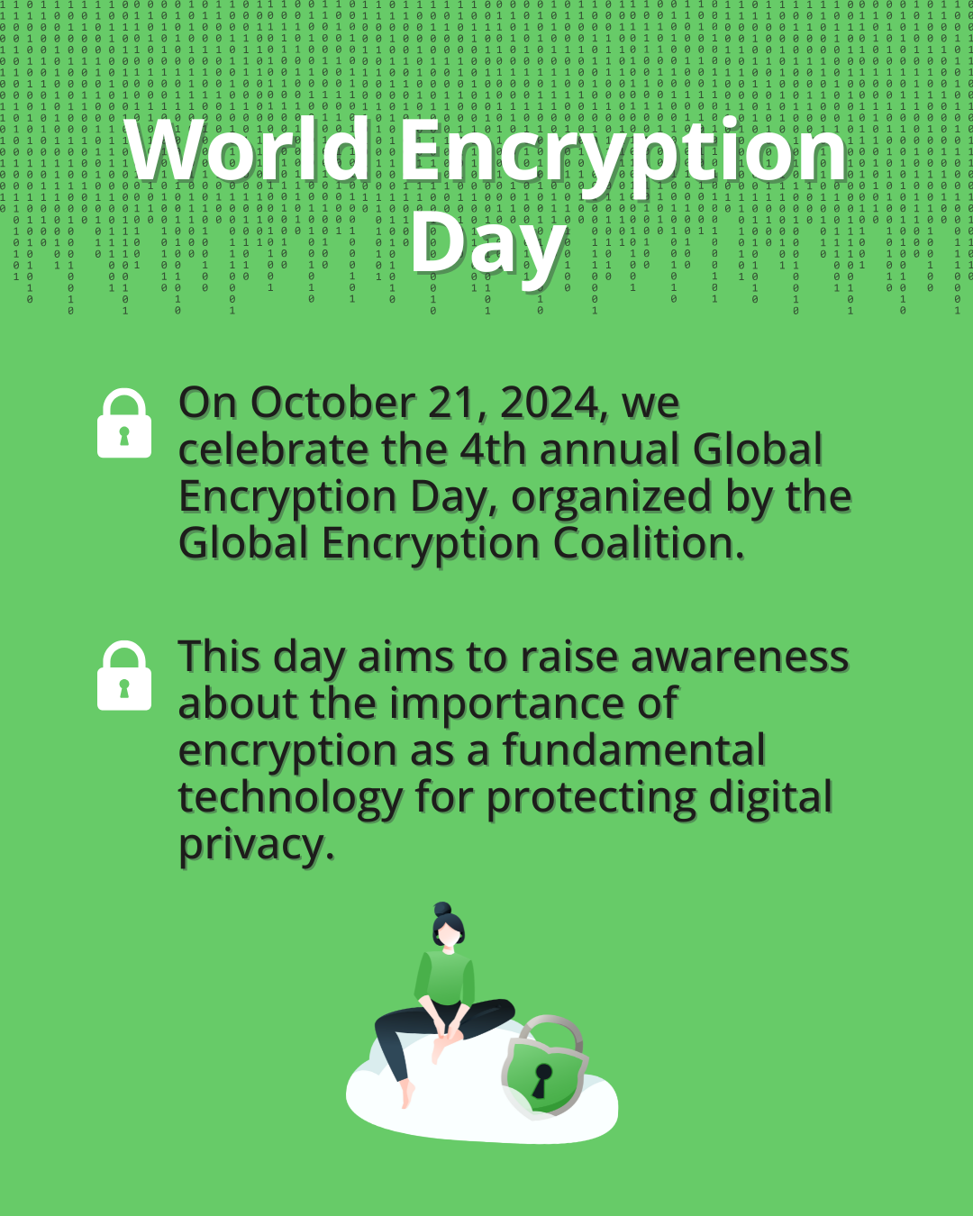 A graphic introducing World Encryption Day, explaining that it takes place on October 21, 2024, organized by the Global Encryption Coalition. An illustration of a person sitting on a cloud next to a padlock representing digital security.