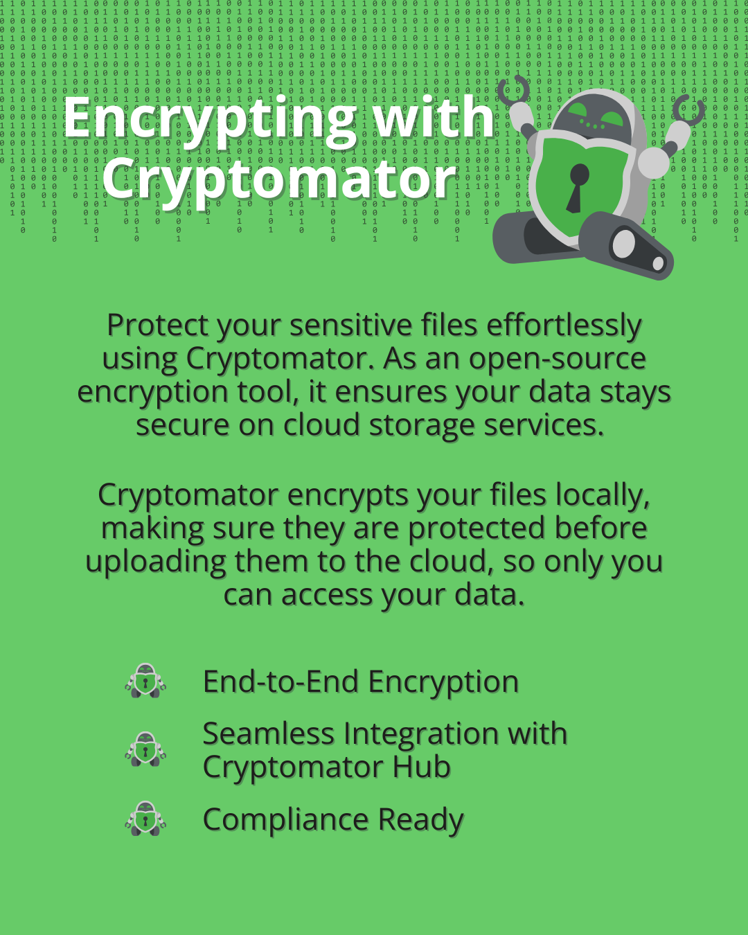 A graphic promoting Cryptomator as an easy-to-use encryption tool, highlighting features like end-to-end encryption and Cryptomator Hub. The illustration shows a robot with a green shield-shaped padlock, symbolizing secure file encryption.