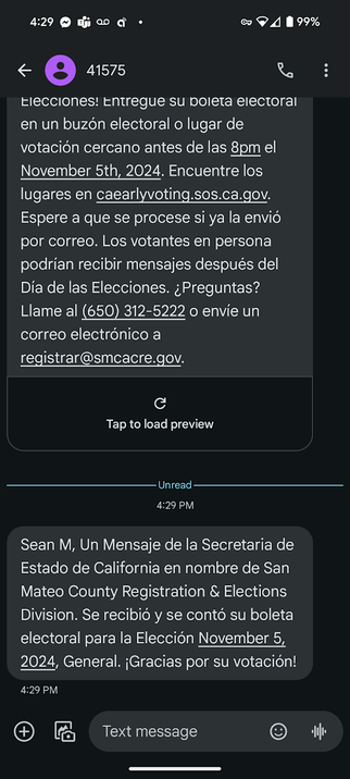 Screenshot showing my vote was registered...in Spanish.