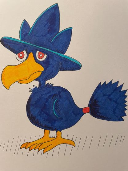 A drawing of the Pokemon Murkrow, a crow like creature with head feathers that resemble a witch hat, and tail feathers that resemble a witch’s broom. It has dark blue feathers, red eyes, yellow feet, and a yellow beak.