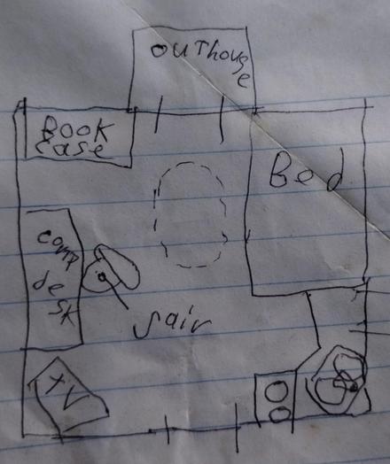 A floorplan for a tiny house. Chair is spelled with a Runik 