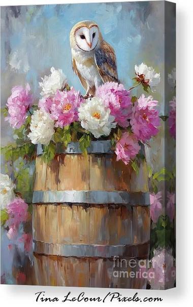 This is a canvas of a beautiful barn owl perched on a wooden barrel with pink and white peony flowers against a blue background. 