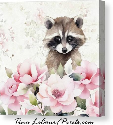 This is a canvas of a sweet looking raccoon posing behind some pretty pink spring rose flowers against a soft white and pale rose background. 
