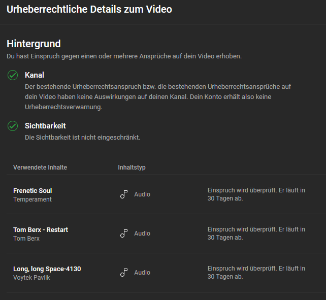 Screenshot zeigt eine Liste von Copyright-Beanstandungen bei Youtube, gegen die Einspruch eingelegt wurde. Screenshot zeigt eine Liste von Copyright-Beanstandungen bei Youtube, gegen die Einspruch eingelegt wurde.