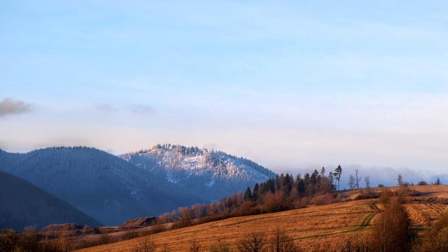 Photo of a small hill covered by dry brown grass with groups of trees here and there. There is a field road going up towards the top of the hill. There are partially snow covered, higher blueish-looking hills further in the distance. The sky is almost clear except for some thin clouds and low thin fog here and there.