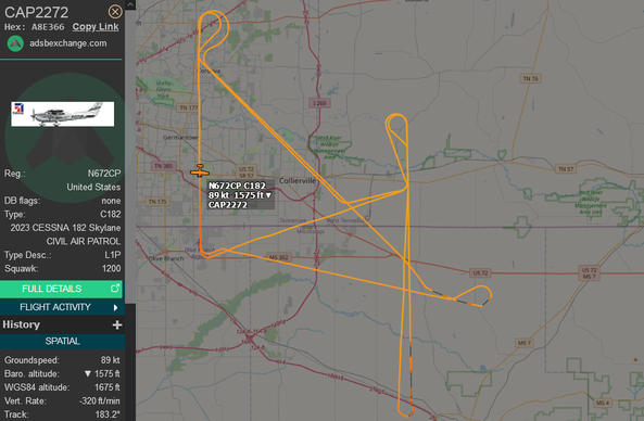 ADS-B Exchange map that shows Cessna N672CP practicing hairpin turns over parts of west Tennessee and northwest Mississippi. The turns are very well-executed.