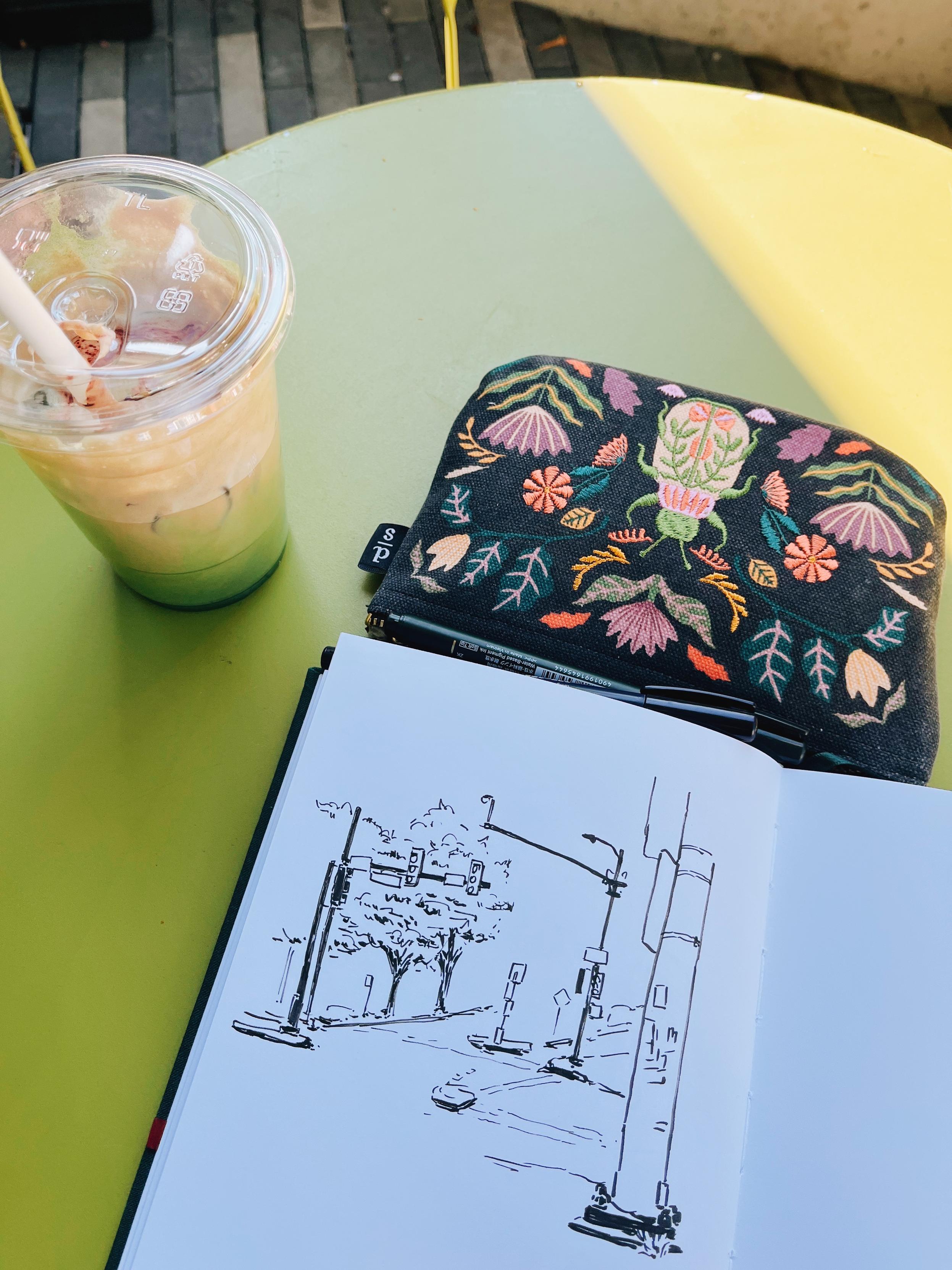 Ink sketch of the street corner.