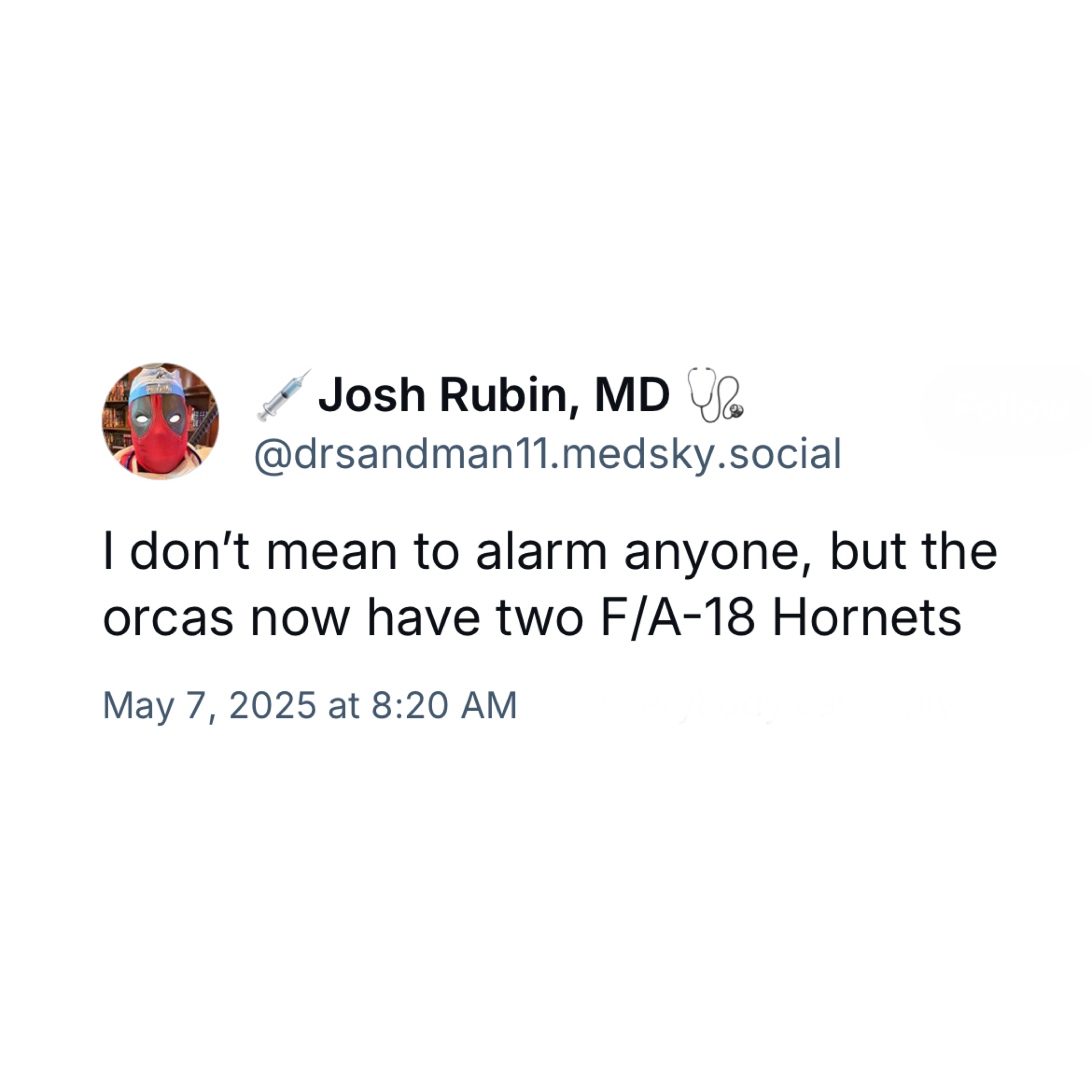 screenshot of a post by Josh Rubin, MD @drsandman11.medsky.social: 

I don't mean to alarm anyone, but the orcas now have two F/A-18 Hornets 

May 7, 2025 at 8:20 AM