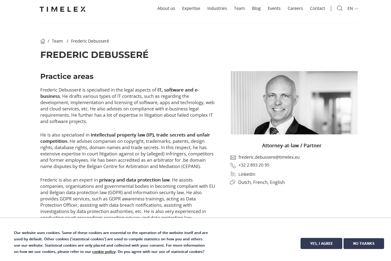 Page of the Belgian lawyer that helped win the case showing a consent popup at the bottom.