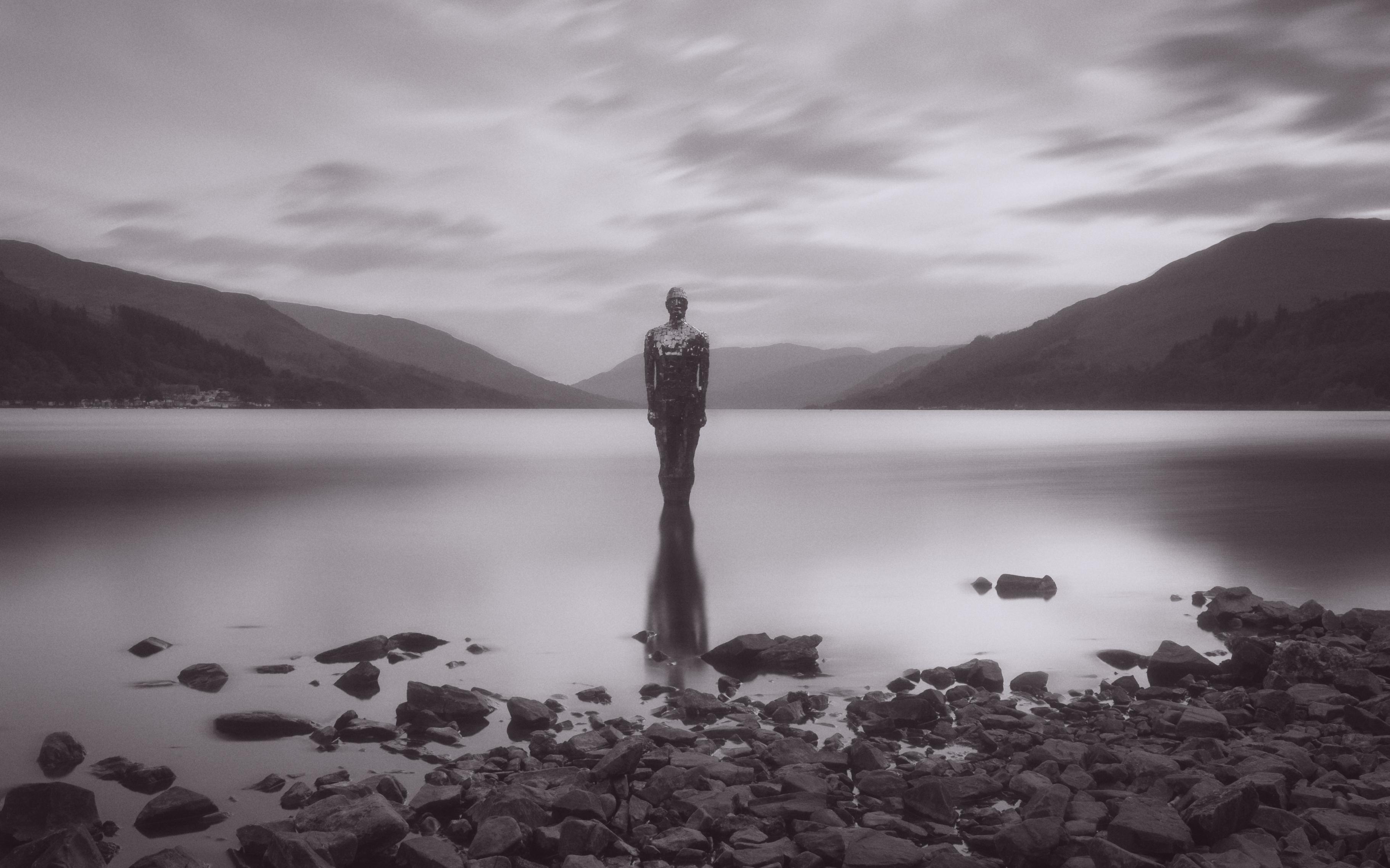 "Still", the famous mirror-man sculpture in the shallows of Loch Earn, St Fillan's "Still", the famous mirror-man sculpture in the shallows of Loch Earn, St Fillan's