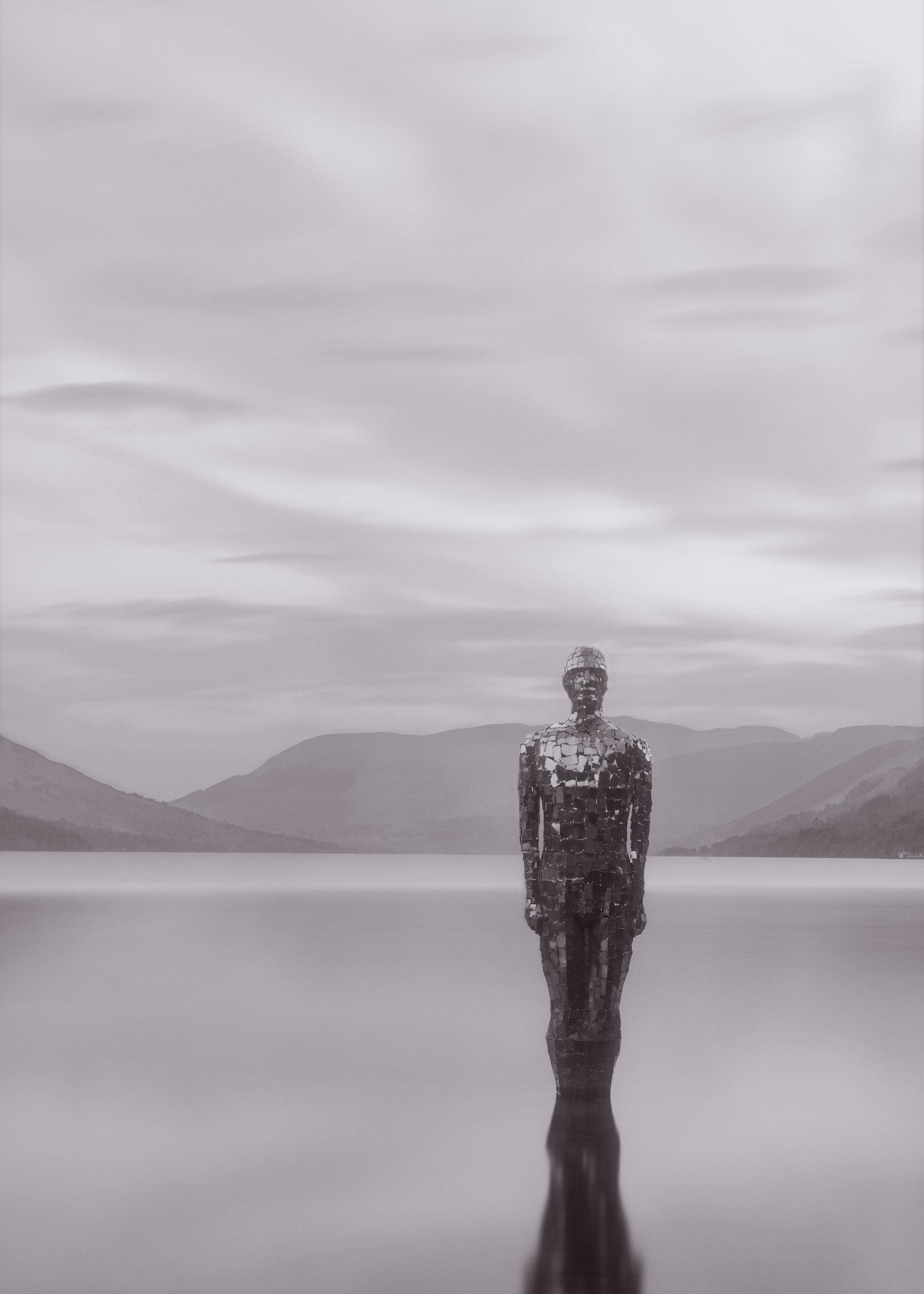 "Still", the famous mirror-man sculpture in the shallows of Loch Earn, St Fillan's "Still", the famous mirror-man sculpture in the shallows of Loch Earn, St Fillan's