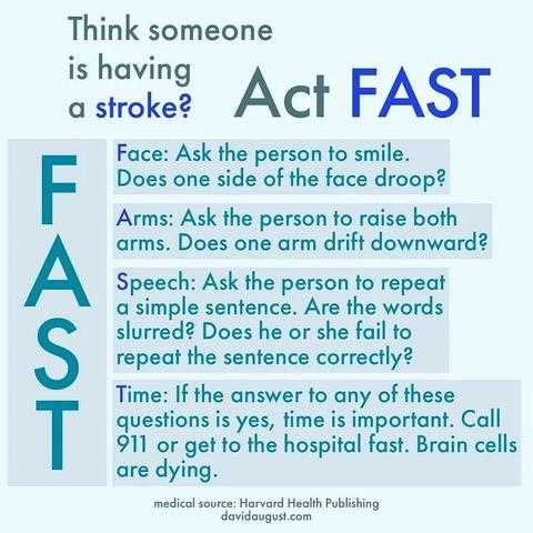 Think someone is having a stroke?
Act FAST 

Face: Ask the person to smile.
Does one side of the face droop? 

Arms: Ask the person to raise both arms. Does one arm drift downward? 

Speech: Ask the person to repeat a simple sentence. Are the words slurred? Does he or she fail to repeat the sentence correctly? 

Time: If the answer to any of these questions is yes, time is important. Call 911 or get to the hospital fast. Brain cells are dying. 

medical source: Harvard Health Publishing 
davida…