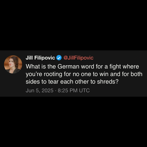 screenshot of a post by Jill Filipovic
@JillFilipovic: 

What is the German word for a fight where you're rooting for no one to win and for both sides to tear each other to shreds? 

Jun 5, 2025 • 8:25 PM UTC