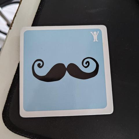 Card for a game of charades with an ambiguous figure - either moustaches or two whales exchanging a smoochy kiss 