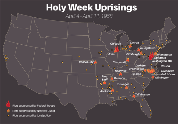 Map showing the riots that took place following the assassination of Martin Luther King, Jr.