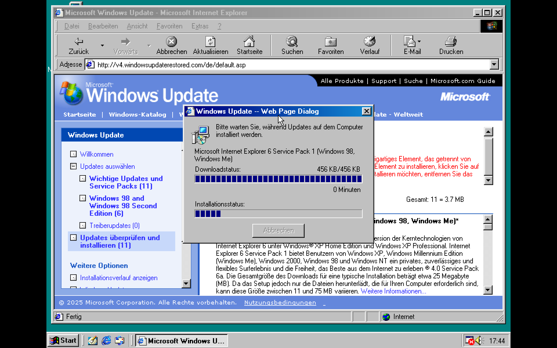 A Windows 98 SE screenshot in German showing the Windows Update process for Internet Explorer 6 SP-1.