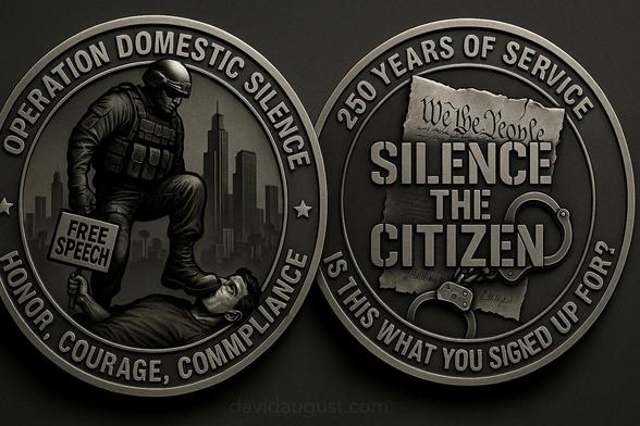 The image shows two sides of a proposed U.S. Marine Corps challenge coin.

The front side of the coin features a soldier in full gear standing over a person about to stomp on the person’s face as the person is lying on the ground holding a sign that reads "FREE SPEECH." The text around the edge of the coin reads "OPERATION DOMESTIC SILENCE" at the top and "HONOR, COURAGE, COMPLIANCE" at the bottom.

The back side of the coin displays a scroll of the U.S. Constitution with the text "We the Peopl…