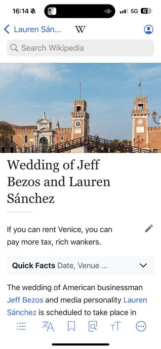 Screenshot of the Wikipedia app for iOS showing the page about the wedding of Jeff Bezos and Lauren Sanchez, which starts with the following text:

"If you can rent Venice, you can pay more tax, rich wankers."