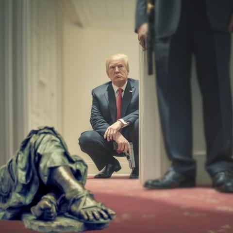 trump in a dark suit and red tie is crouched on the floor, holding a handgun. He is positioned next to a the feet and legs of the Statue of Liberty, which appears to be laying on her back, slain. An individual in a suit is standing nearby, also holding a handgun. Scene is set in a White House like room with a red carpet and white walls.
