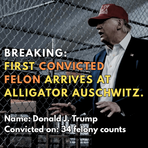 BREAKING: 
FIRST CONVICTED FELON ARRIVES AT ALLIGATOR ALCATRAZ. 
Name: Donald J. Trump 
Convicted on: 34 felony counts 

[photo of trump next to a cage that violates humanitarian standards for prisons and detention centers]