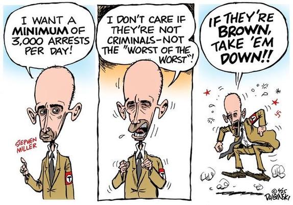 three-panel political cartoon featuring a character resembling Stephen Miller

first panel, character says, "I want a minimum of 3,000 arrests per day!"

second panel, character is shown with a more frustrated expression, saying, "I don't care if they're not criminals—not the 'worst of the worst'!"

third panel, the character is jumping up and down angry, saying, "If they're brown, take 'em down!!"

Signed by @cartoonkahuna.bsky.social 
