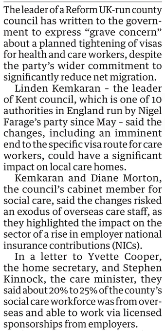 The leader of a Reform UK-run county council has written to the government to express "grave concern" about a planned tightening of visas for health and care workers, despite the party's wider commitment to significantly reduce net migration. Linden Kemkaran - the leader of Kent council, which is one of 10 authorities in England run by Nigel Farage's party since May - said the changes, including an imminent end to the specific visa route for care workers, could have a significant impact on loca…