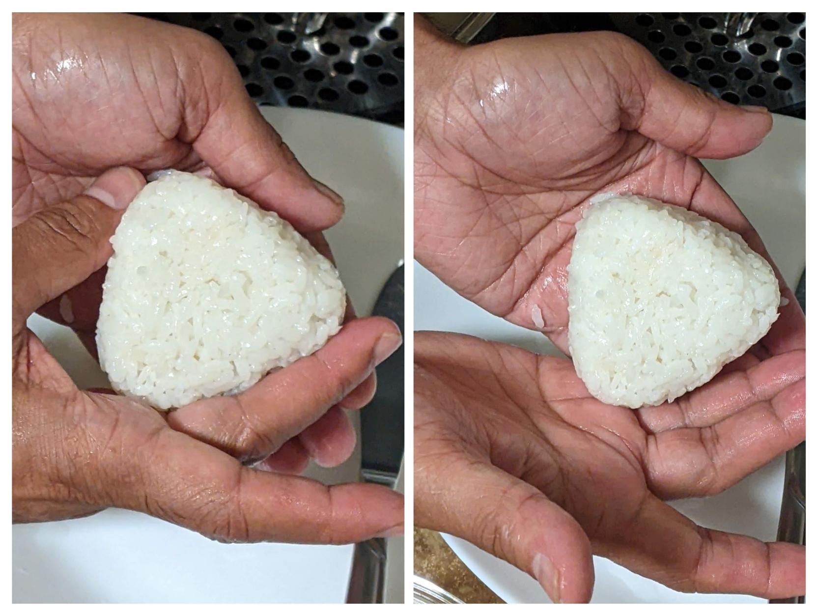 Pics showing wet hands shaping onigiri (after removal from a triangular mold)