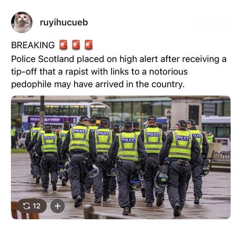 screenshot of a post by ruyihucueb: 

BREAKING [siren emojis] 
Police Scotland placed on high alert after receiving a tip-off that a rapist with links to a notorious pedophile may have arrived in the country. 

[photo of a group of Scottish walking down a street almost in formation] 