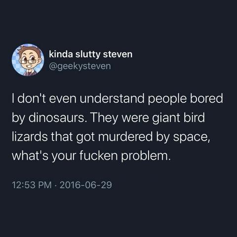 screenshot of a post by kinda slutty steven @geekysteven: 

I don't even understand people bored by dinosaurs. They were giant bird lizards that got murdered by space, what's your fucken problem. 

12:53 PM • 2016-06-29