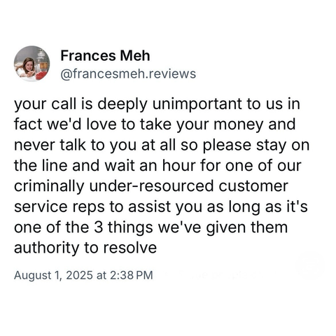 screenshot of a post by Frances Meh @francesmeh.reviews:   your call is deeply unimportant to us in fact we'd love to take your money and never talk to you at all so please stay on the line and wait an hour for one of our criminally under-resourced customer service reps to assist you as long as it's one of the 3 things we've given them authority to resolve   August 1, 2025 at 2:38 PM