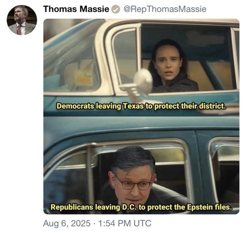 screenshot of a post by Thomas Massie @RepThomasMassie:   A meme featuring two panels with captions.   In the top panel, there is a scene from a movie showing a driver looking shocked inside a vehicle; caption reads: "Democrats leaving Texas to protect their district."  In the bottom panel, there is an image of speaker of the house johnson driving the other way, looking out from a vehicle; caption reads: "Republicans leaving D.C. to protect the Epstein files."  Aug 6, 2025 1:54pm UTC