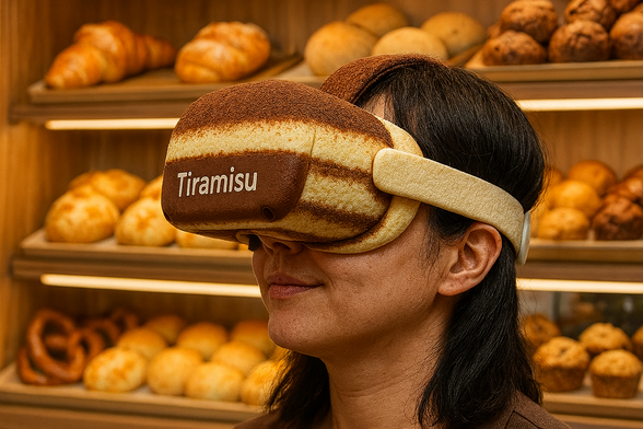 Eine Frau steht in einer Bäckerei mit Regalen voller Brötchen, Brezeln und Gebäck im Hintergrund. Sie trägt ein Virtual-Reality-Headset, das wie ein Tiramisu-Dessert gestaltet ist. Das Headset hat realistische Texturen in Schichten aus Creme, Biskuit und Kakao sowie die Aufschrift „Tiramisu“ auf der Vorderseite. Die Szene wirkt humorvoll und surreal. (KI-Bild)