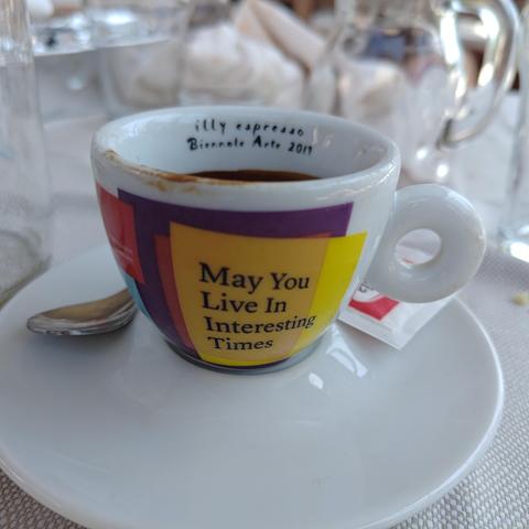 Illy coffee cup from 2011 with the "may you live in interesting times" curse inscription 