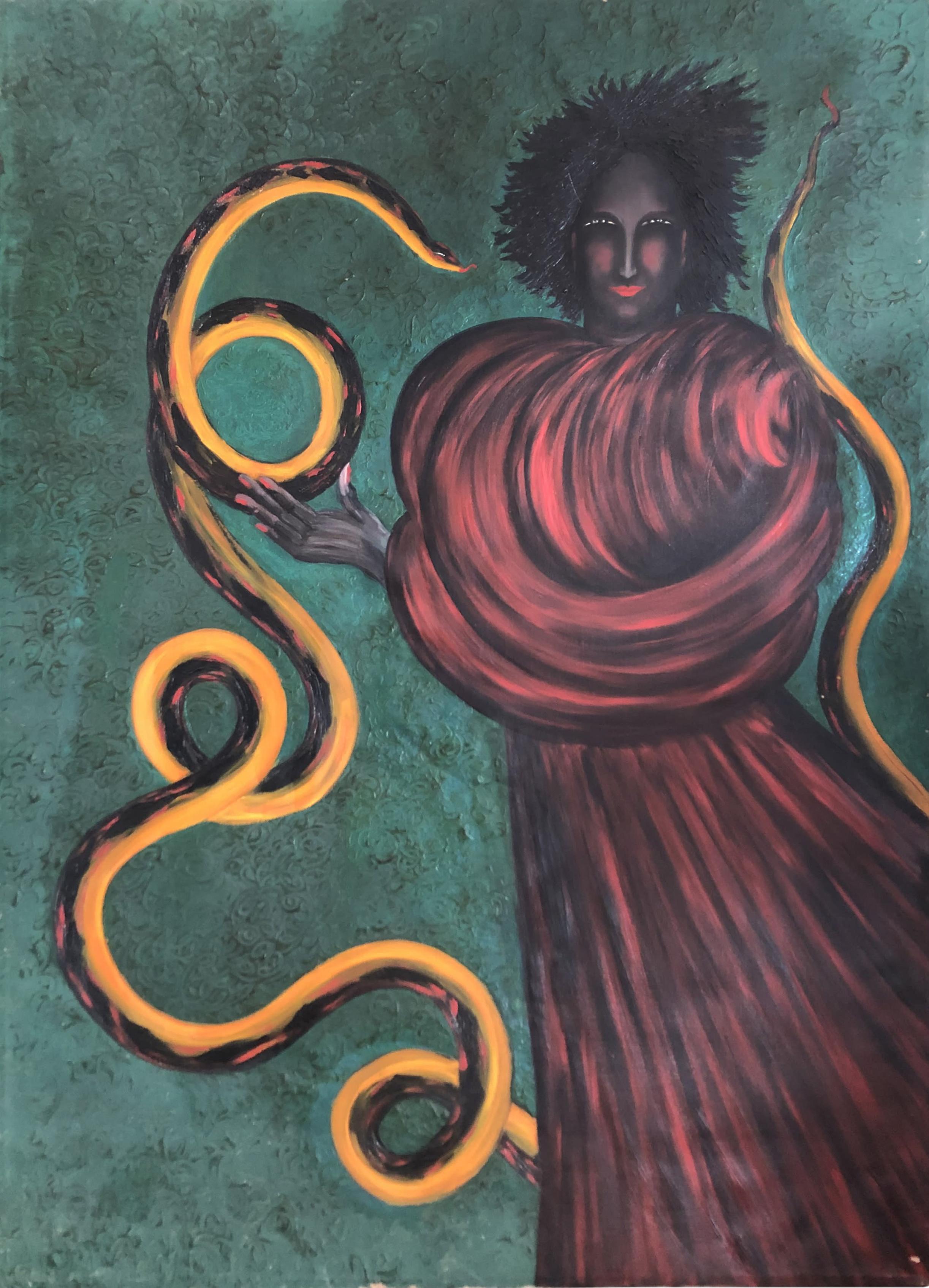 Painting depicting a woman with dark skin wearing a long-sleeved red dress, her hand outstretched to touch a long yellow and red snake curling around her, against a green background.